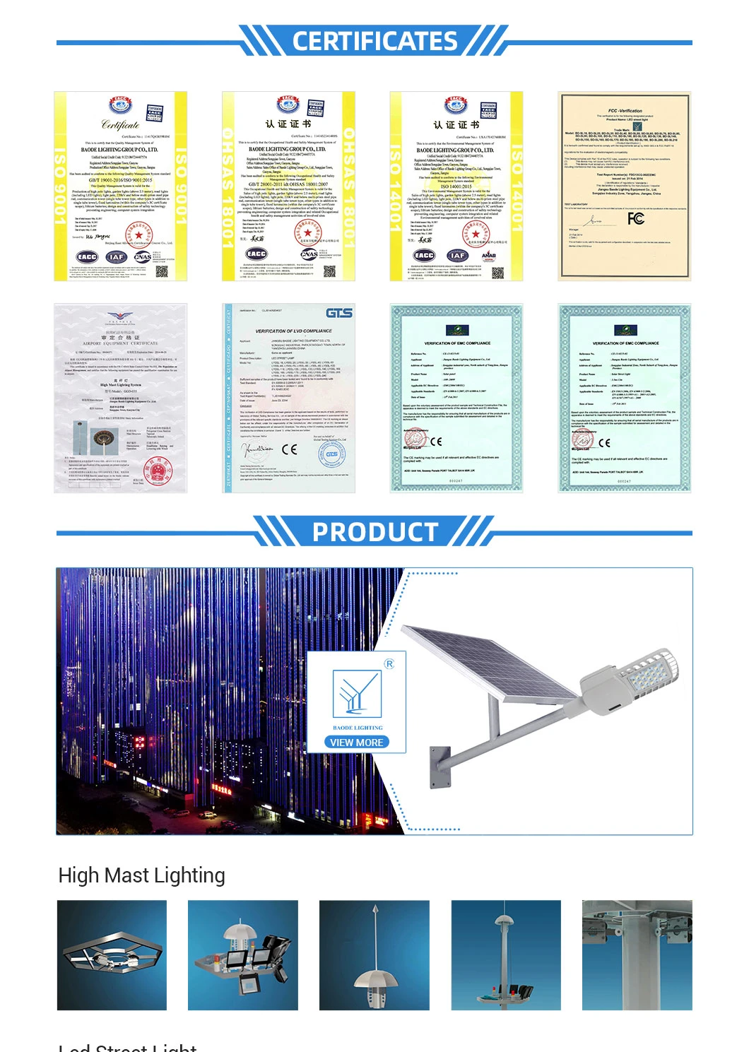 Stadium Floodlighting Galvanized Steel/Metal High-Mast Solar Street Light Pole with Factory Price